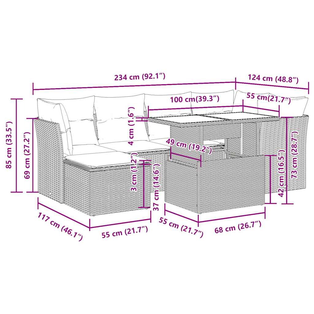 7-tlg. Garten-Sofagarnitur mit Kissen Schwarz Poly Rattan