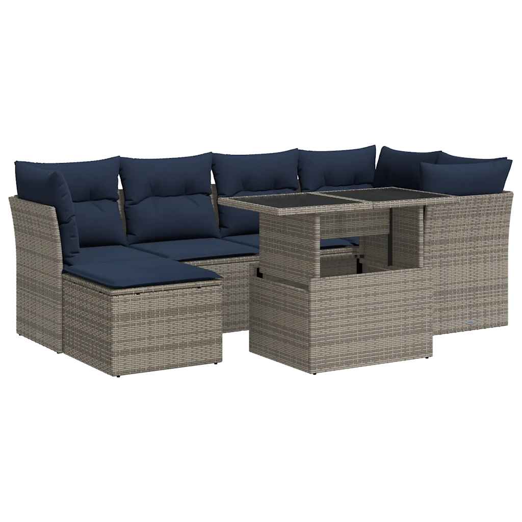 7-tlg. Garten-Sofagarnitur mit Kissen Grau Poly Rattan Akazie