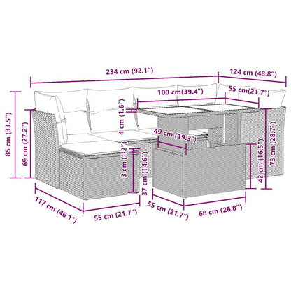 7-tlg. Garten-Sofagarnitur mit Kissen Braun Poly Rattan