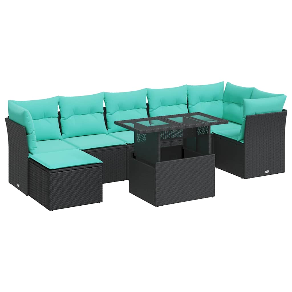 8-tlg. Garten-Sofagarnitur mit Kissen Schwarz Poly Rattan