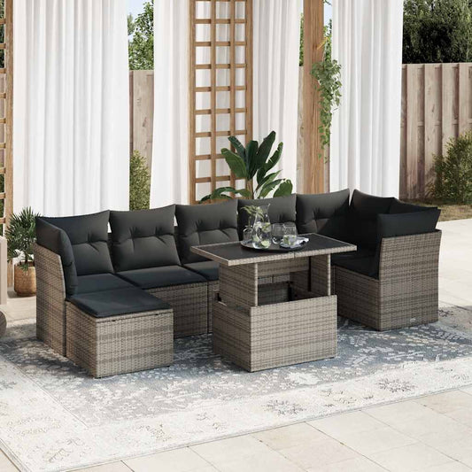 8-tlg. Garten-Sofagarnitur mit Kissen Grau Poly Rattan