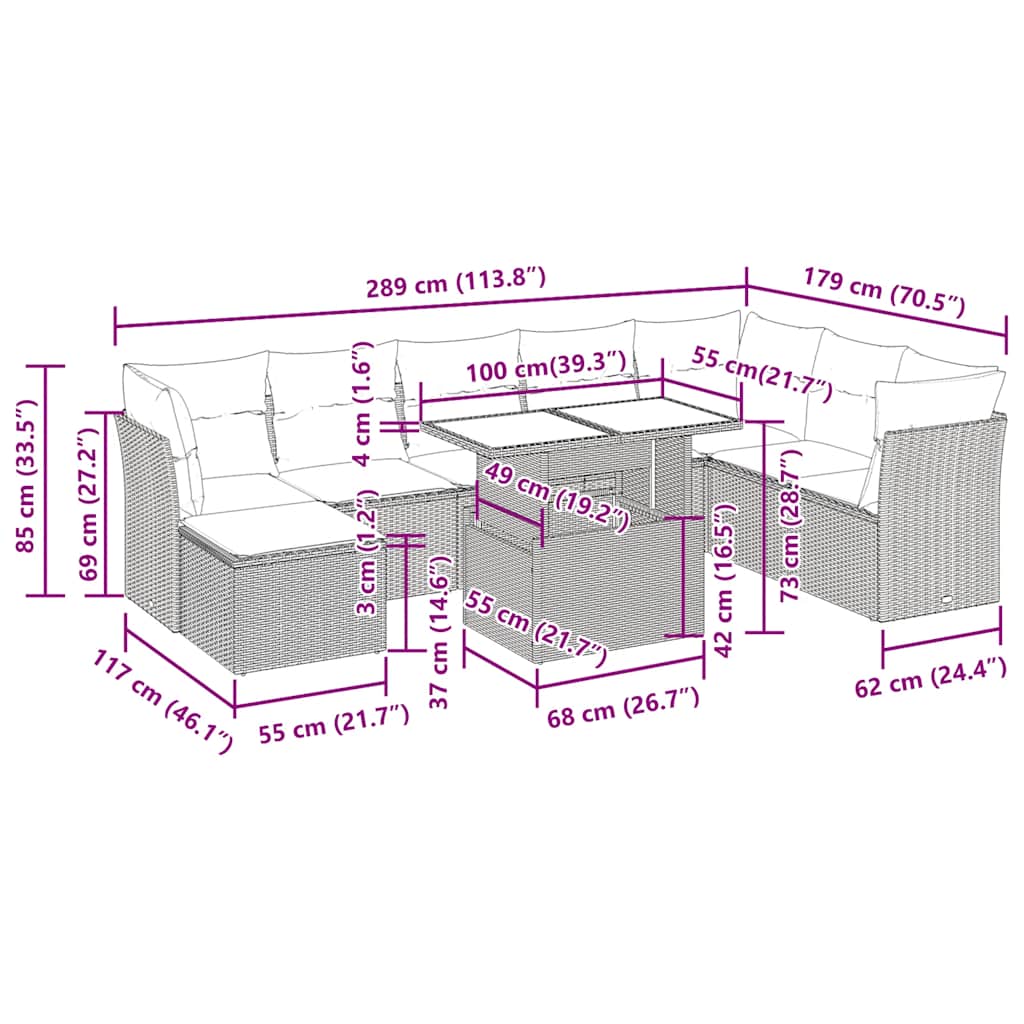 9-tlg. Garten-Sofagarnitur mit Kissen Schwarz Poly Rattan