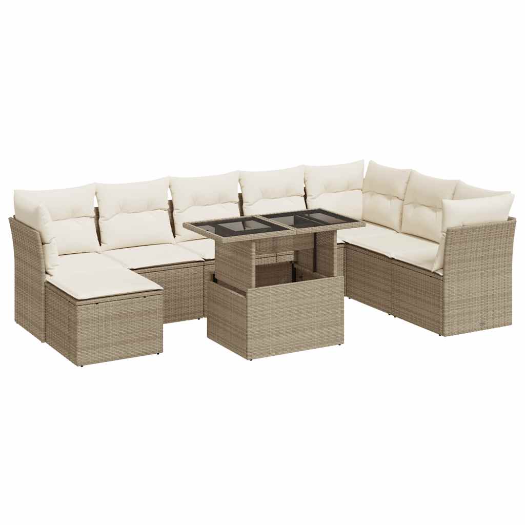 9-tlg. Garten-Sofagarnitur mit Kissen Beige Poly Rattan