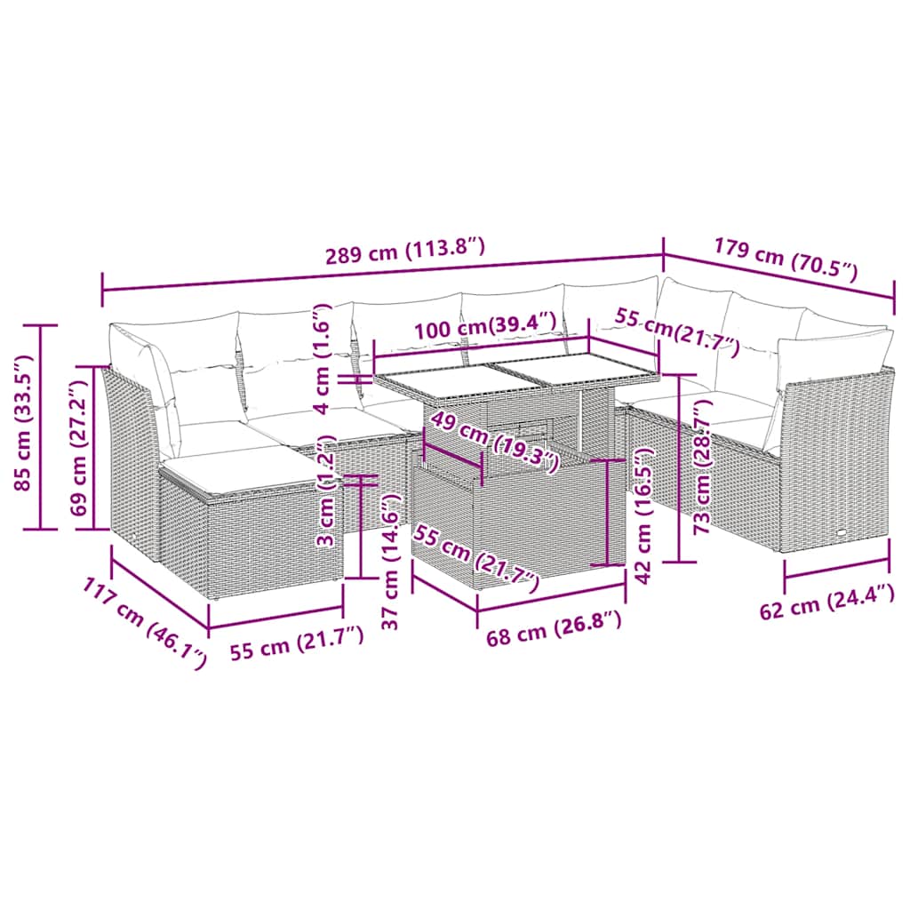 9-tlg. Garten-Sofagarnitur mit Kissen Beige Poly Rattan