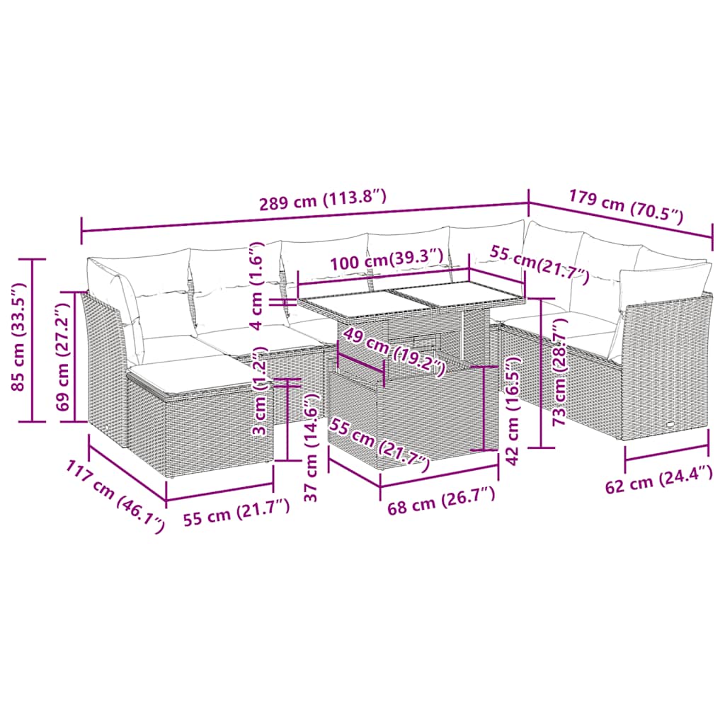 9-tlg. Garten-Sofagarnitur mit Kissen Braun Poly Rattan Akazie