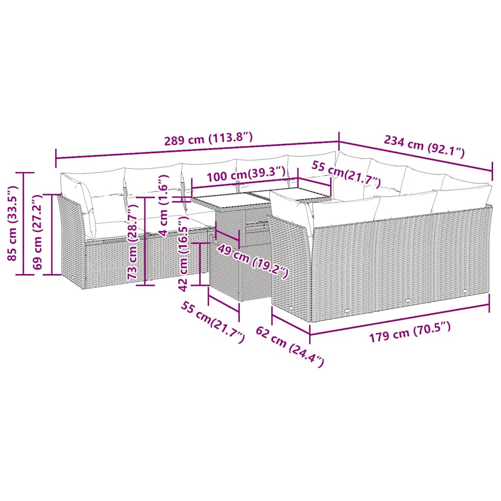 11-tlg. Garten-Sofagarnitur mit Kissen Grau Poly Rattan Akazie