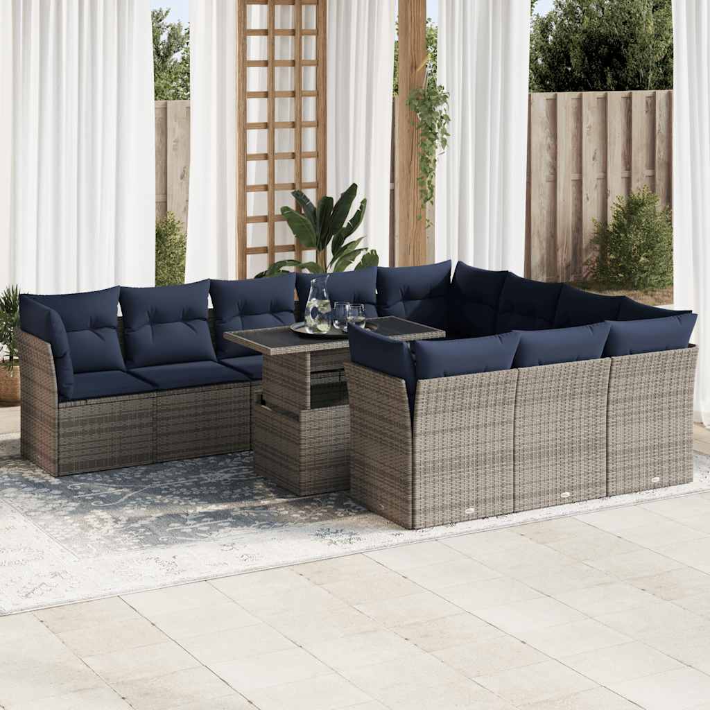 11-tlg. Garten-Sofagarnitur mit Kissen Grau Poly Rattan Akazie