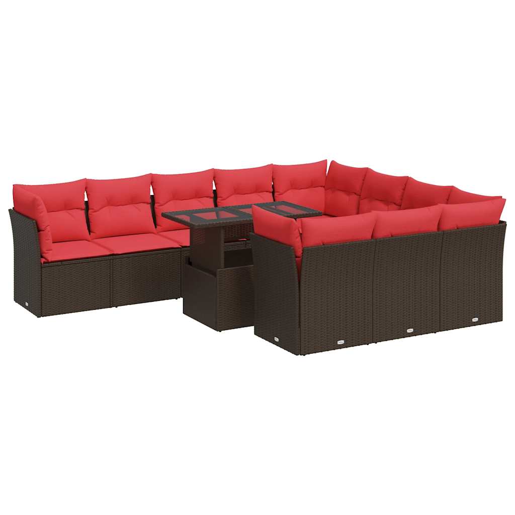 11-tlg. Garten-Sofagarnitur mit Kissen Braun Poly Rattan Akazie