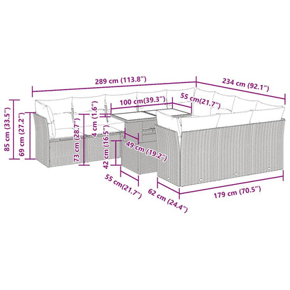 11-tlg. Garten-Sofagarnitur mit Kissen Braun Poly Rattan Akazie