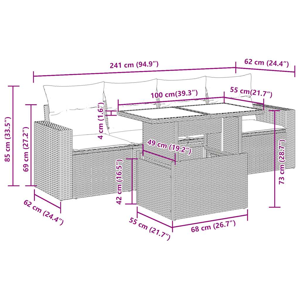 5tlg. Garten-Sofagarnitur mit Kissen Schwarz Poly Rattan Akazie