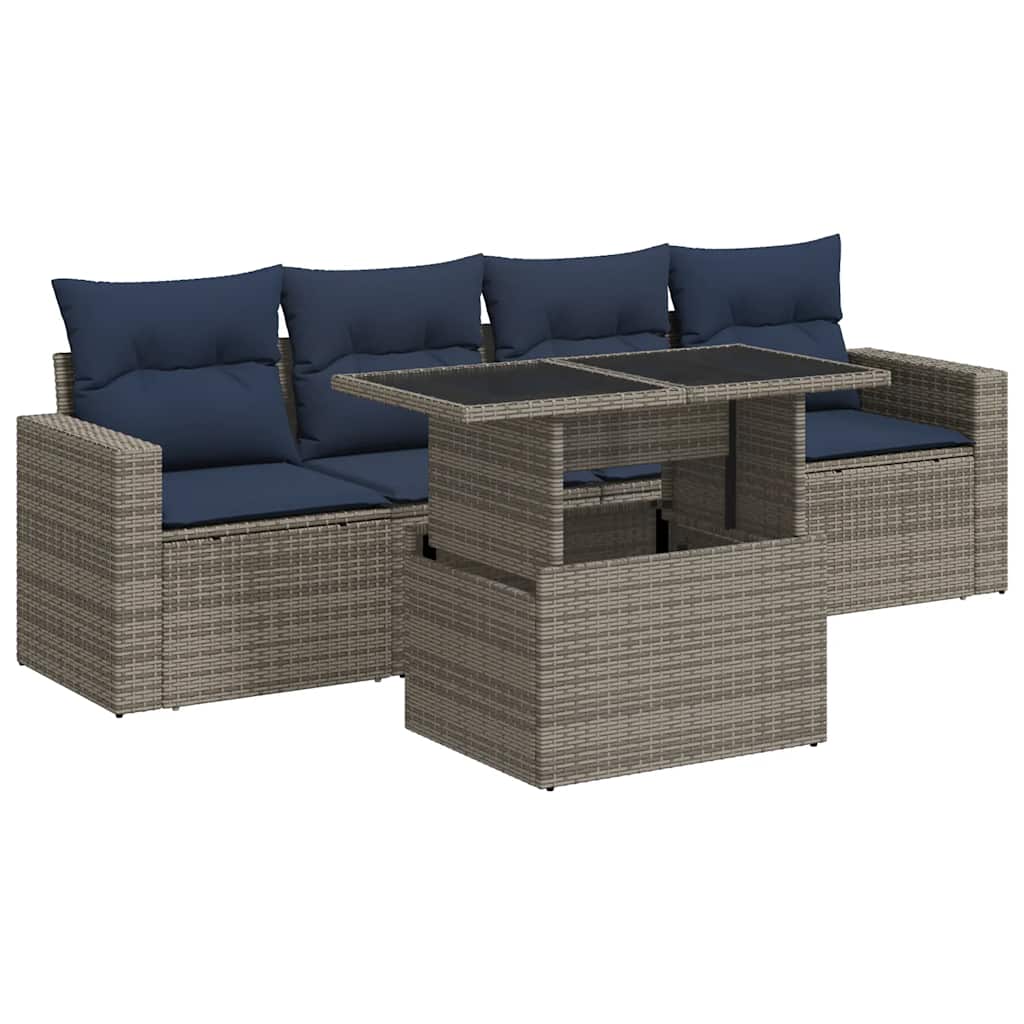 5-tlg. Garten-Sofagarnitur mit Kissen Grau Poly Rattan Akazie