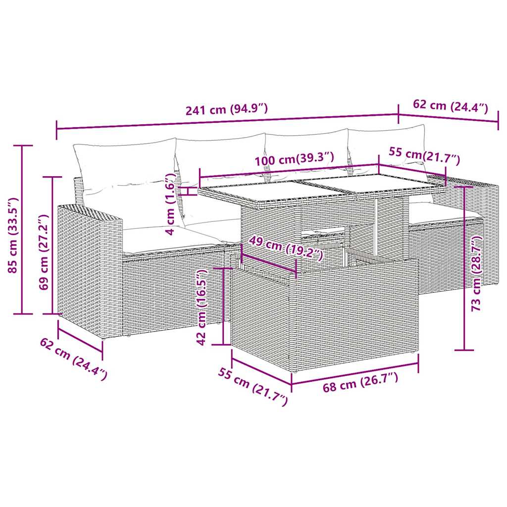5-tlg. Garten-Sofagarnitur mit Kissen Grau Poly Rattan Akazie