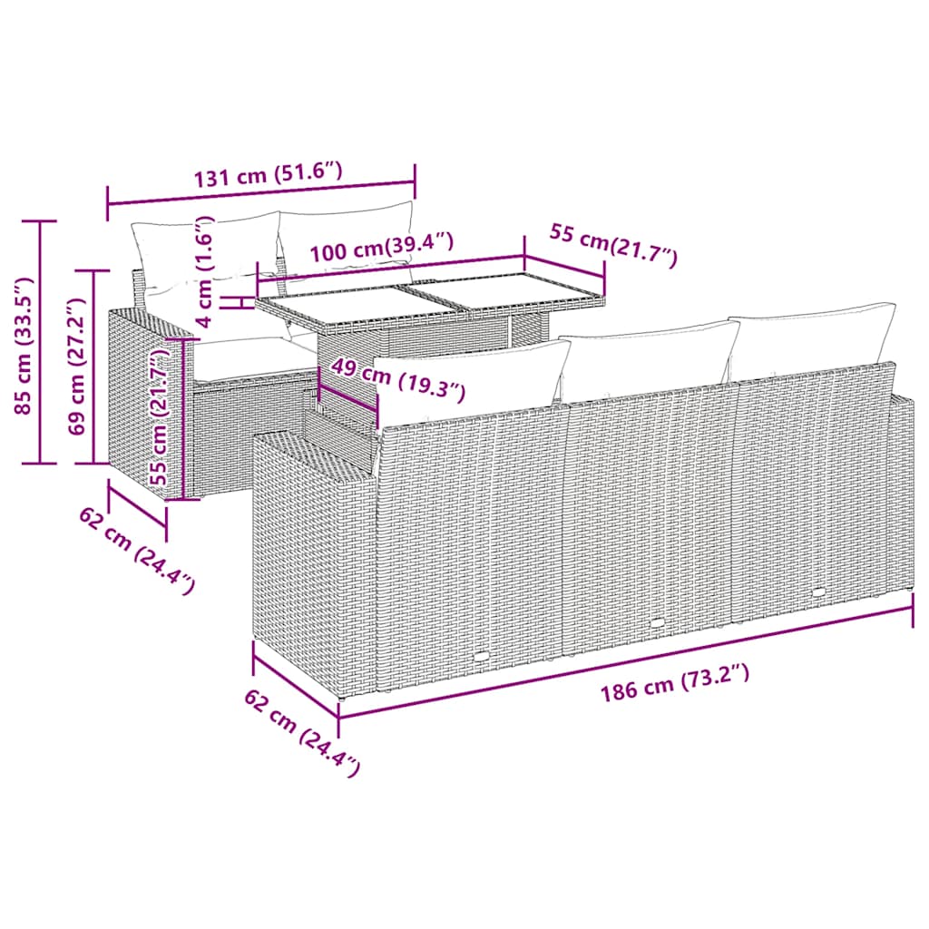 6-tlg. Garten-Sofagarnitur mit Kissen Braun Poly Rattan