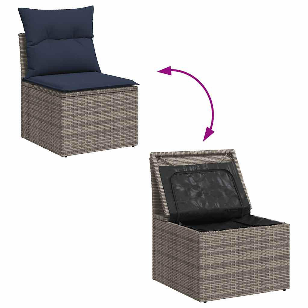 7-tlg. Garten-Sofagarnitur mit Kissen Grau Poly Rattan Akazie