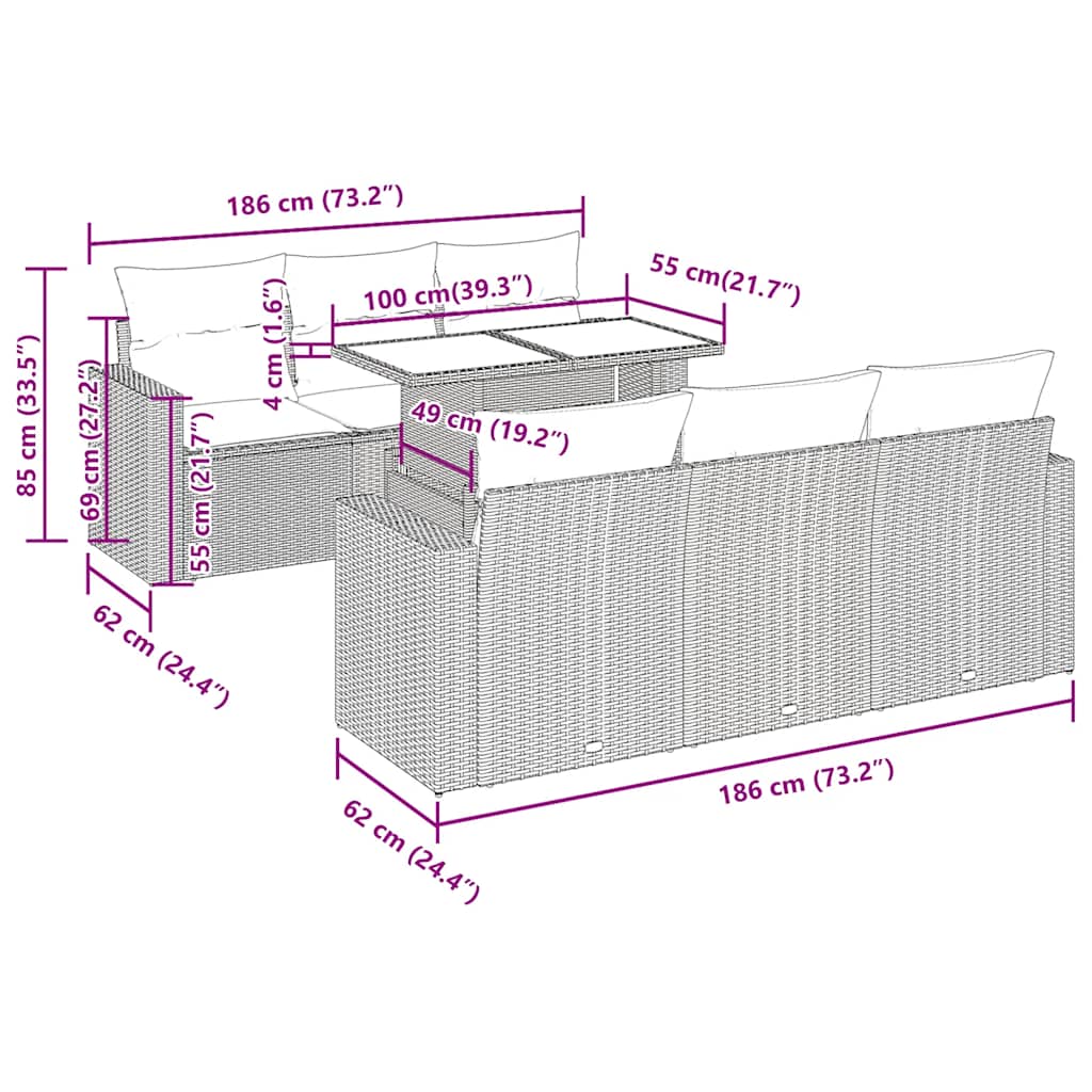 7-tlg. Garten-Sofagarnitur mit Kissen Braun Poly Rattan Akazie