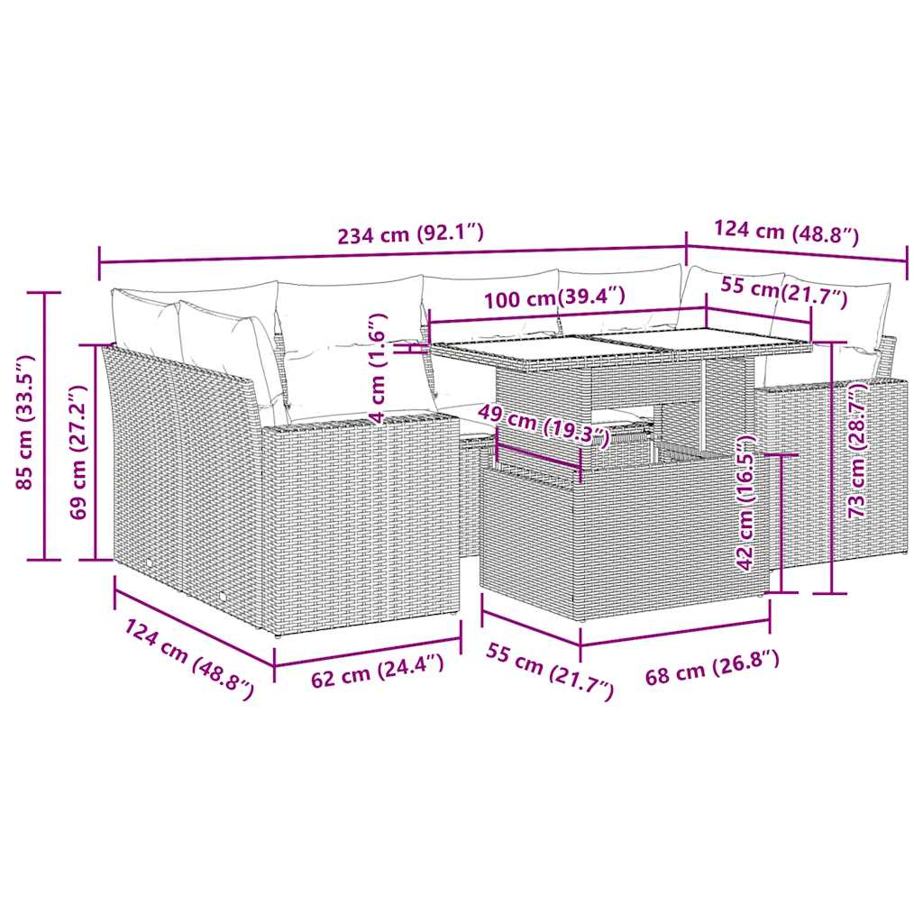 7-tlg. Garten-Sofagarnitur mit Kissen Beige Poly Rattan