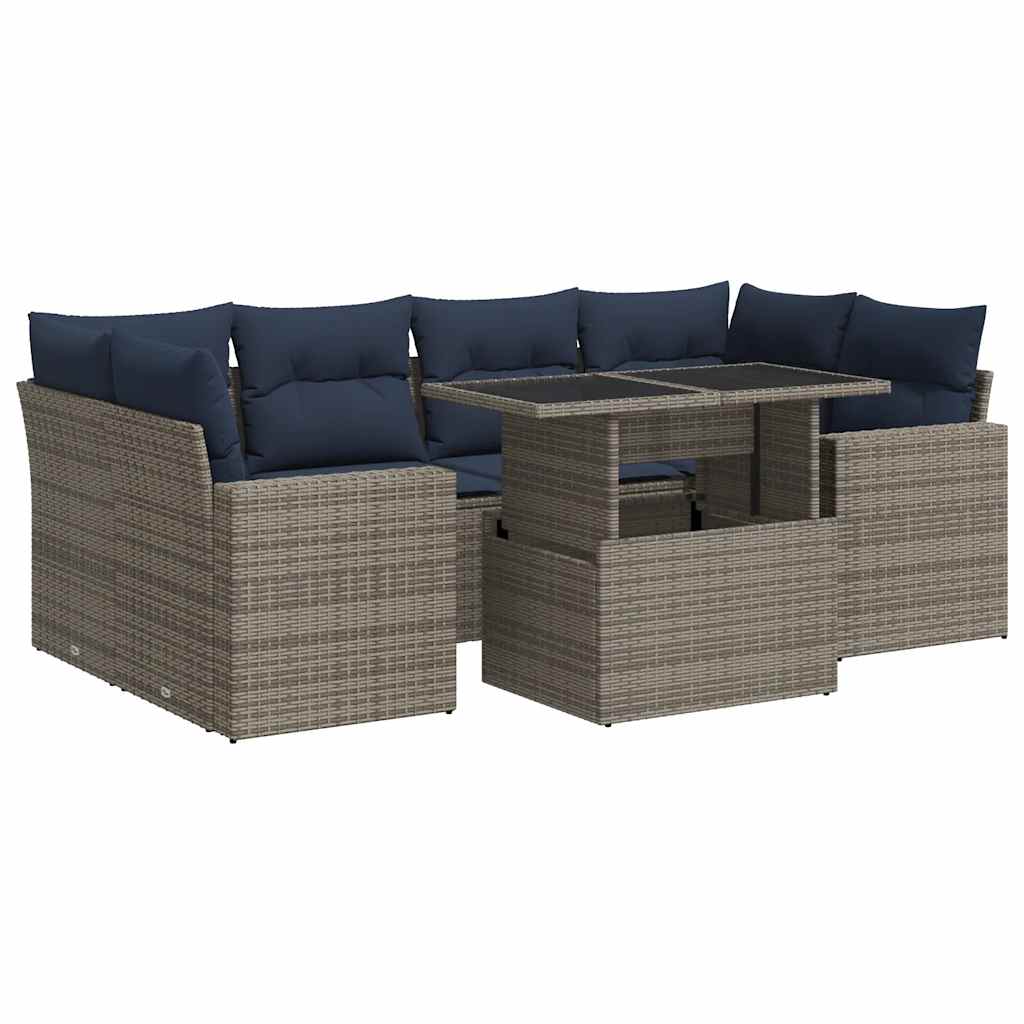 7-tlg. Garten-Sofagarnitur mit Kissen Grau Poly Rattan Akazie