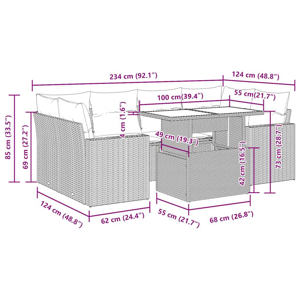 7-tlg. Garten-Sofagarnitur mit Kissen Braun Poly Rattan