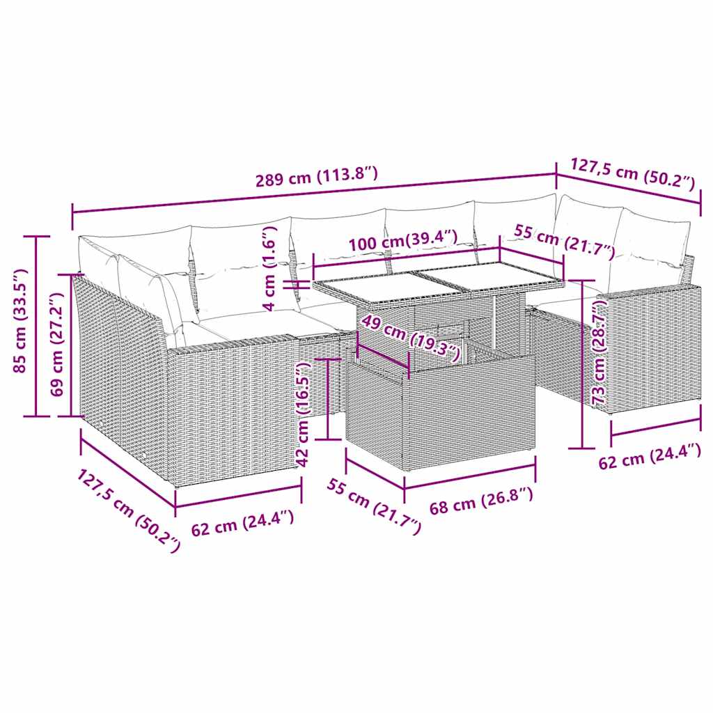 8-tlg. Garten-Sofagarnitur mit Kissen Schwarz Poly Rattan