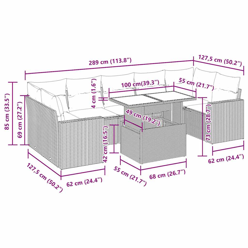8-tlg. Garten-Sofagarnitur mit Kissen Schwarz Poly Rattan