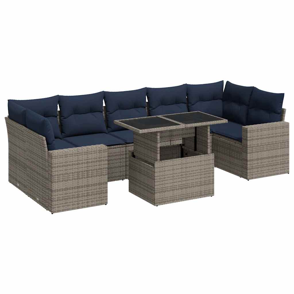 8-tlg. Garten-Sofagarnitur mit Kissen Grau Poly Rattan Akazie