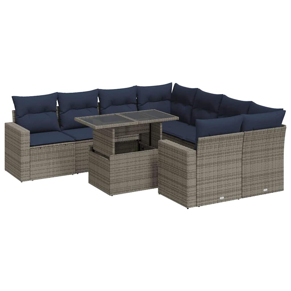 9-tlg. Garten-Sofagarnitur mit Kissen Grau Poly Rattan Akazie