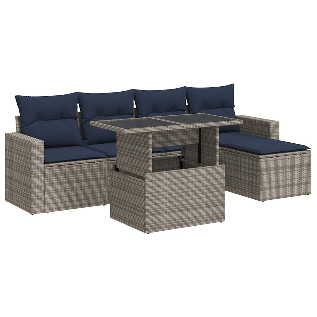 6-tlg. Garten-Sofagarnitur mit Kissen Grau Poly Rattan Akazie