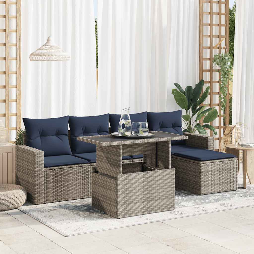 6-tlg. Garten-Sofagarnitur mit Kissen Grau Poly Rattan Akazie
