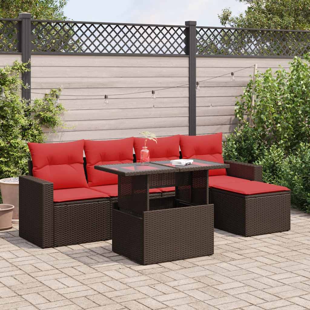 6-tlg. Garten-Sofagarnitur mit Kissen Braun Poly Rattan Akazie