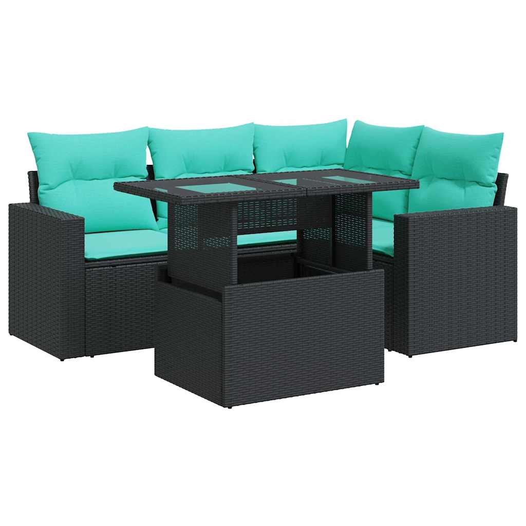 5tlg. Garten-Sofagarnitur mit Kissen Schwarz Poly Rattan Akazie