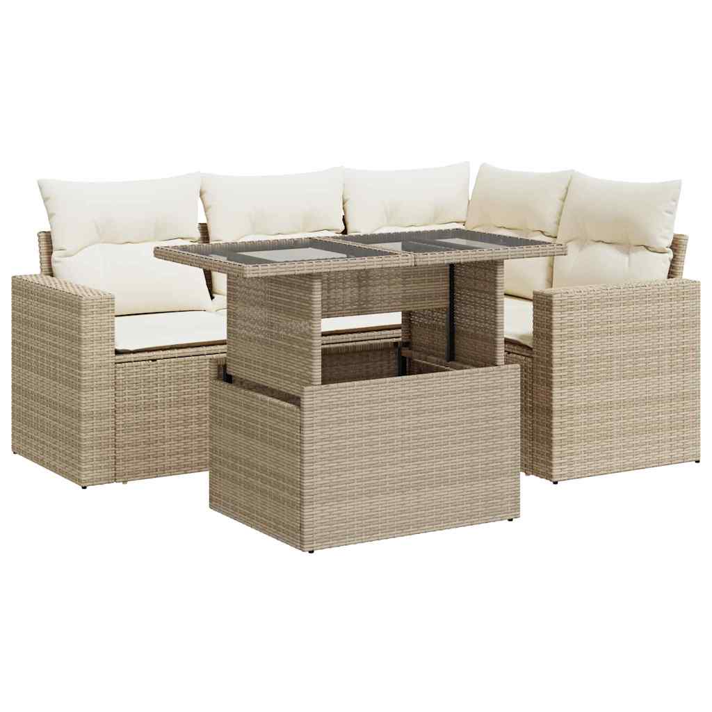 5-tlg. Garten-Sofagarnitur mit Kissen Beige Poly Rattan