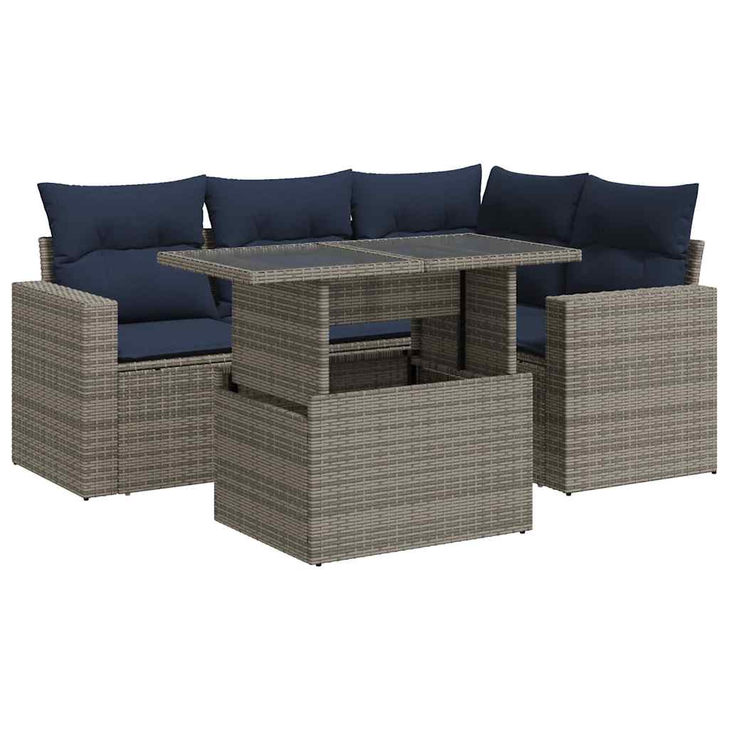 5-tlg. Garten-Sofagarnitur mit Kissen Grau Poly Rattan Akazie