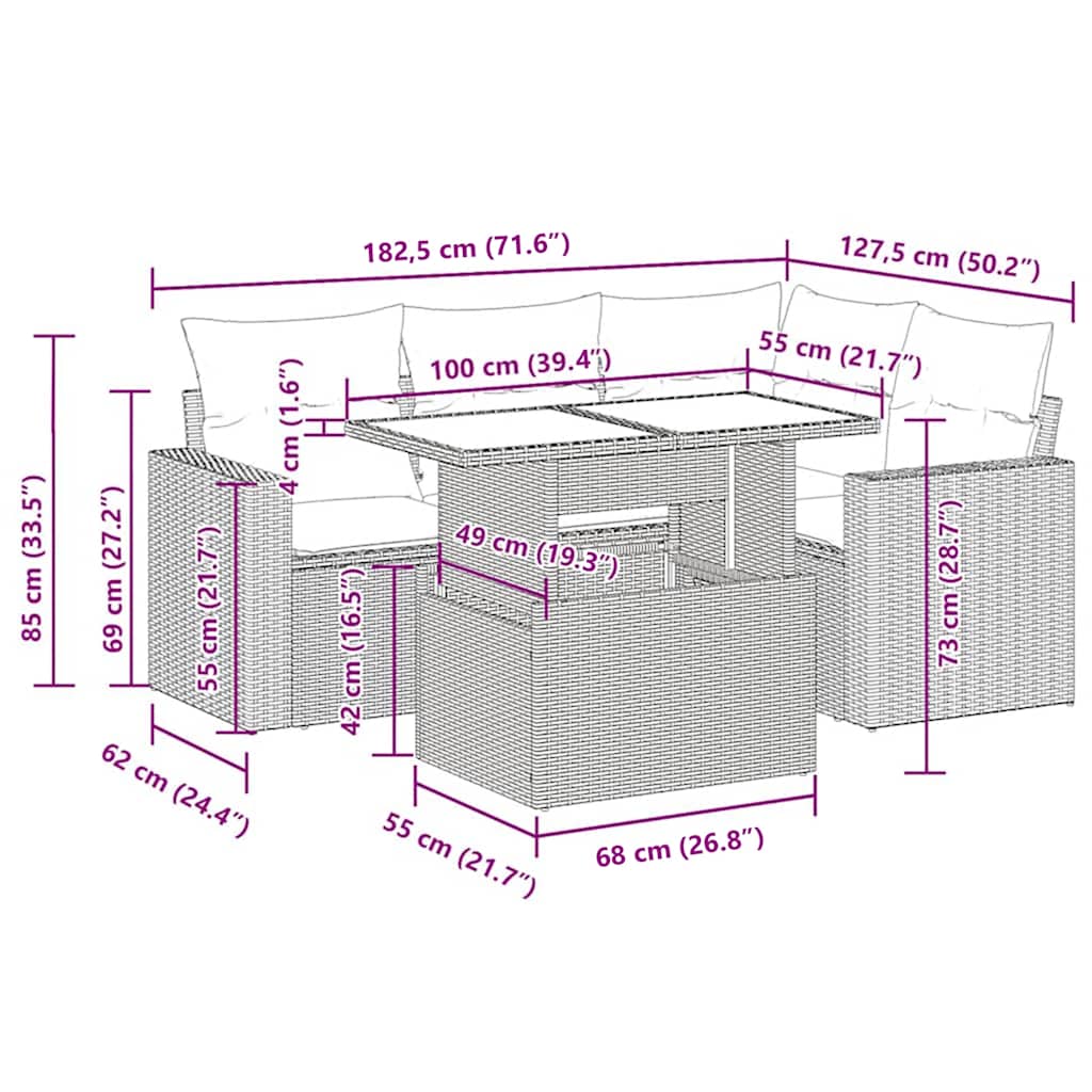 5-tlg. Garten-Sofagarnitur mit Kissen Grau Poly Rattan Akazie