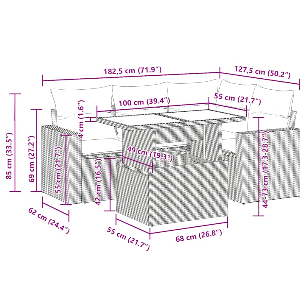 5-tlg. Garten-Sofagarnitur mit Kissen Braun Poly Rattan