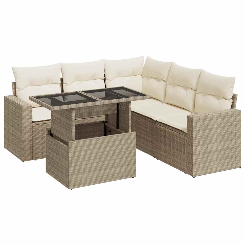6-tlg. Garten-Sofagarnitur mit Kissen Beige Poly Rattan
