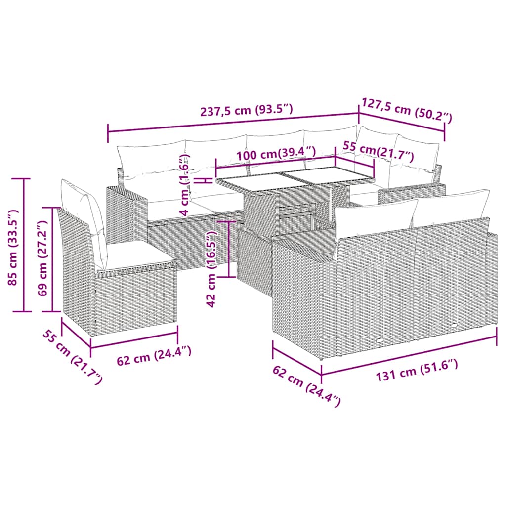 9-tlg. Garten-Sofagarnitur mit Kissen Schwarz Poly Rattan