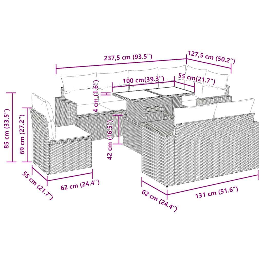 9-tlg. Garten-Sofagarnitur mit Kissen Schwarz Poly Rattan