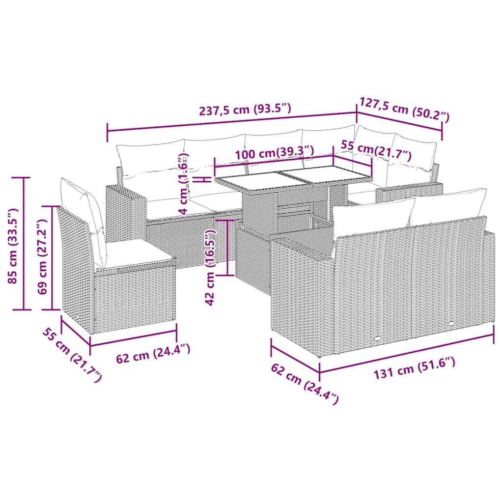9-tlg. Garten-Sofagarnitur mit Kissen Braun Poly Rattan Akazie
