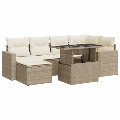 7-tlg. Garten-Sofagarnitur mit Kissen Beige Poly Rattan