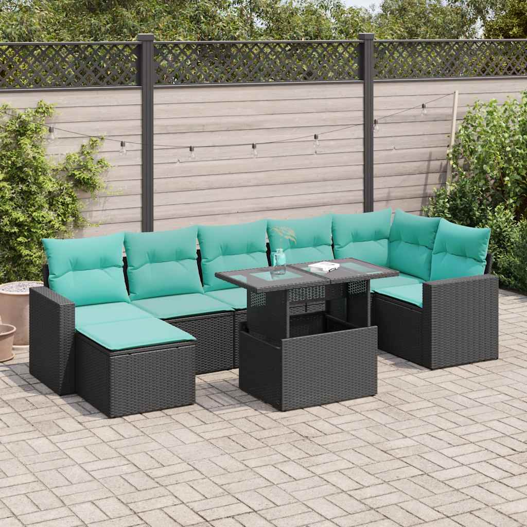 8-tlg. Garten-Sofagarnitur mit Kissen Schwarz Poly Rattan