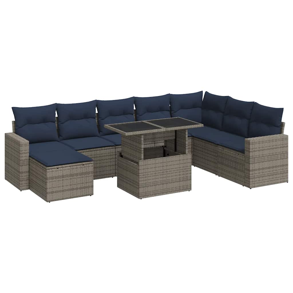 9-tlg. Garten-Sofagarnitur mit Kissen Grau Poly Rattan Akazie