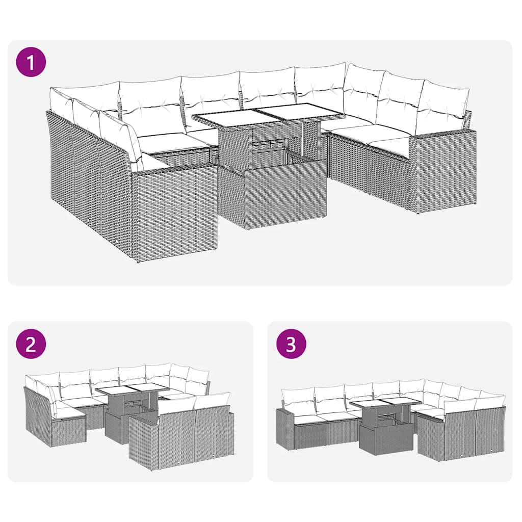 10-tlg. Garten-Sofagarnitur mit Kissen Braun Poly Rattan Akazie