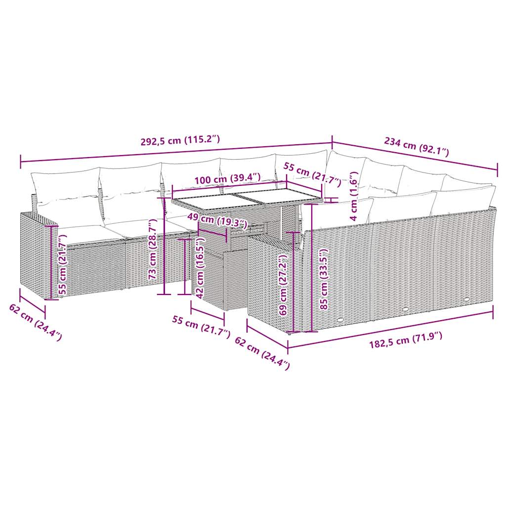 11-tlg. Garten-Sofagarnitur mit Kissen Schwarz Poly Rattan