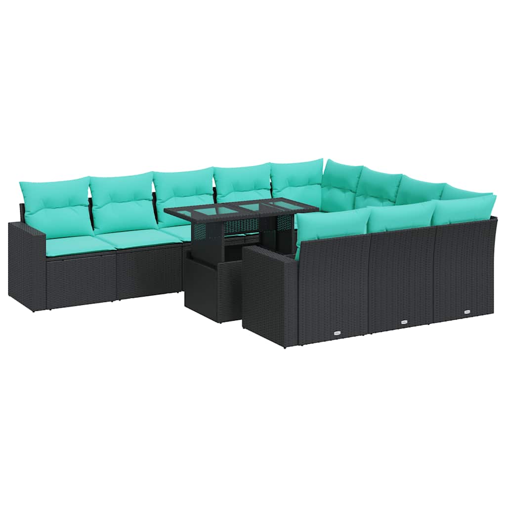 11-tlg. Garten-Sofagarnitur mit Kissen Schwarz Poly Rattan Akazie