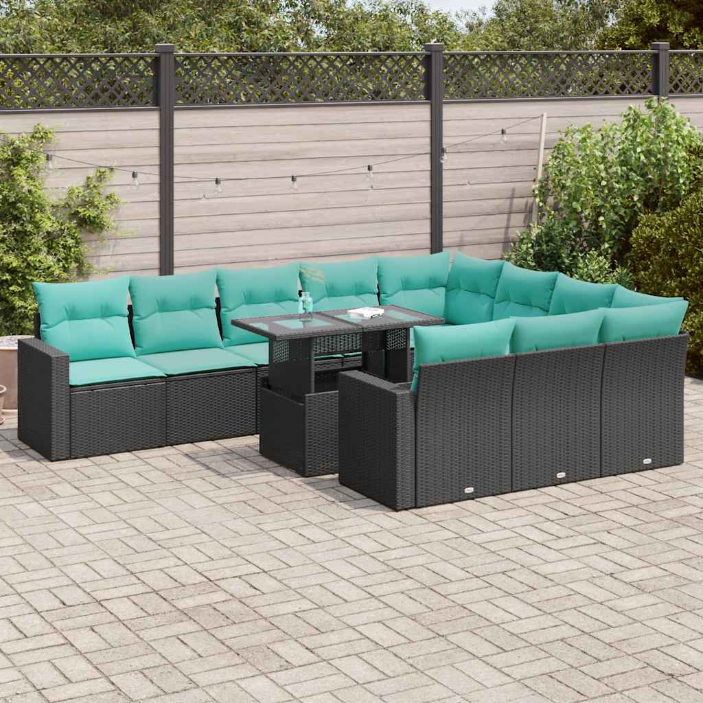 11-tlg. Garten-Sofagarnitur mit Kissen Schwarz Poly Rattan Akazie