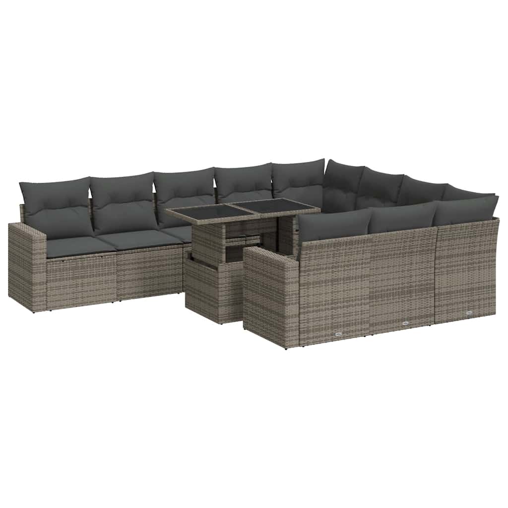 11-tlg. Garten-Sofagarnitur mit Kissen Grau Poly Rattan