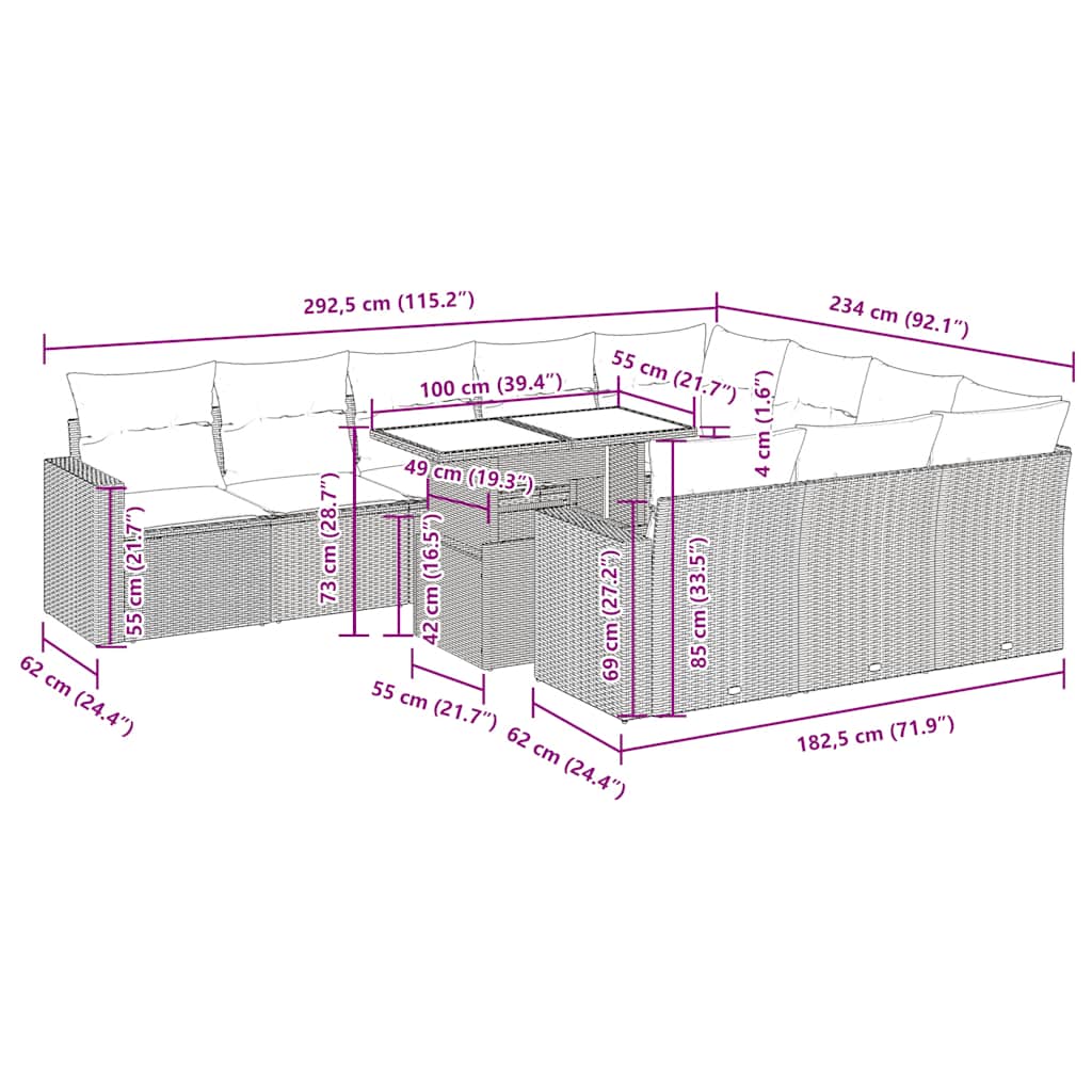 11-tlg. Garten-Sofagarnitur mit Kissen Braun Poly Rattan