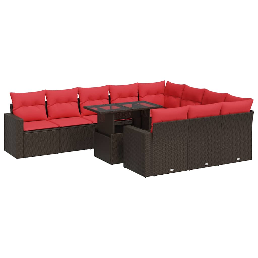 11-tlg. Garten-Sofagarnitur mit Kissen Braun Poly Rattan Akazie