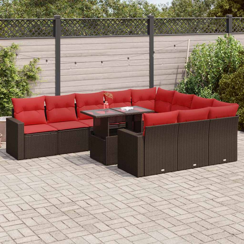 11-tlg. Garten-Sofagarnitur mit Kissen Braun Poly Rattan Akazie
