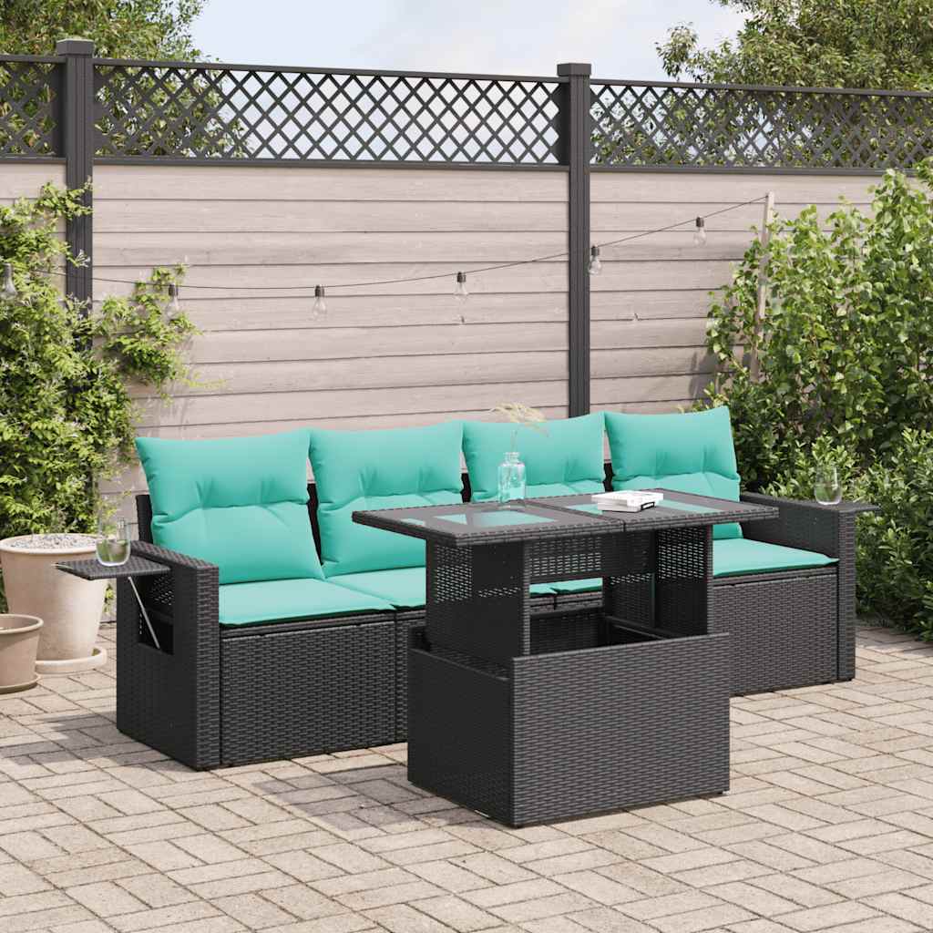 5-tlg. Garten-Sofagarnitur mit Kissen Schwarz Poly Rattan Akazie